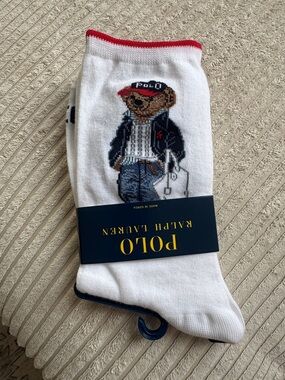Polo by Ralph Lauren White Crew Socks with Bear Motif and Red Trim